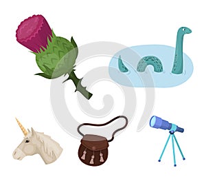 Loch Ness monster, thistle flower, unicorn, sporan. Scotland country set collection icons in cartoon style vector symbol