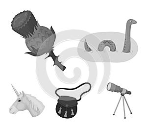 Loch Ness monster, thistle flower, unicorn, sporan. Scotland country set collection icons in monochrome style vector