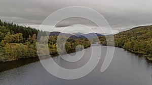 Loch Tummel from a drone facing towards the dam