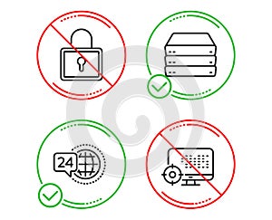 Lock, 24h service and Servers icons set. Seo sign. Private locker, Call support, Big data. Search engine. Vector