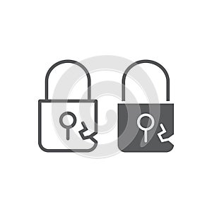 Lock breach line and glyph icon, privacy and protect, padlock sign, vector graphics, a linear pattern on a white