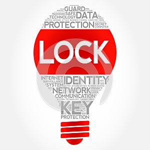 LOCK bulb word cloud collage