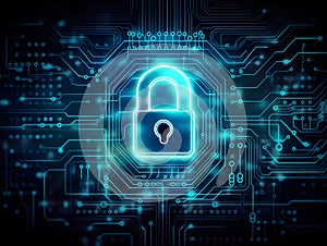 Lock in centre of circuit pattern. Concept of data security, cybersecurity, encryption, etc