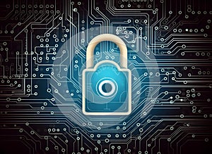 Lock in centre of circuit pattern. Concept of data security, cybersecurity, encryption, etc