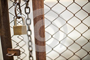 Lock on a chain link security fence. Chicken wire fence gate is locked with a chain and a padlock