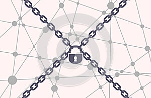 Lock and chains. Cyber security design concept. Connected lines with dots.