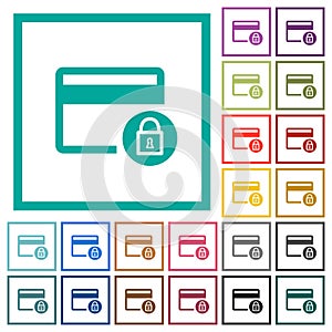 Lock credit card transactions flat color icons with quadrant frames