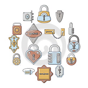 Lock door types icons set, cartoon style
