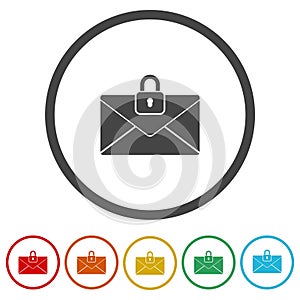 Lock e mail icon. Set icons in color circle buttons