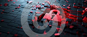 Lock and Exploding Red Cubes on Blue Background. Generative ai.