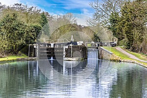 The lock gates at the bottom of the staircase of locks at Hatton Locks, UK