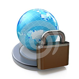 Lock and globe on white background. Isolated 3D image