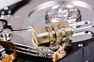 Lock on hdd or harddrive, part of computer, cyber security concept