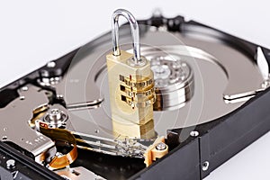 Lock on hdd or harddrive, part of computer, cyber security concept