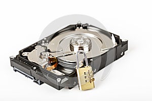 Lock on hdd or harddrive, part of computer, cyber security concept