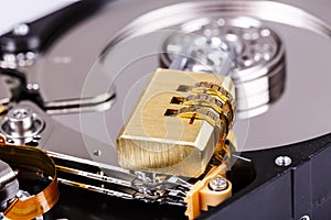 Lock on hdd or harddrive, part of computer, cyber security concept