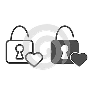 Lock with a heart line and solid icon. Heart shape lock and heart illustration isolated on white. Unlock Love symbol
