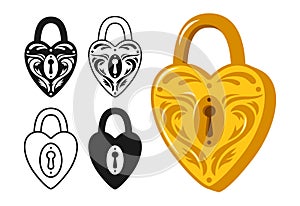 Lock heart shaped golden old icon set padlock safety security vintage symbol protection sign design