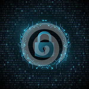 Lock icon in frame of circuit computer board with glowing binary code background. System security and protection from hackers.