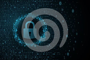 Lock icon in frame of circuit computer board with glowing software binary code. System security and protection from hackers.