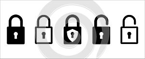 Lock icon set. Locked and unlocked vector icon set. Locked and unlocked padlock symbol of data device security. Privacy symbol