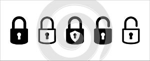 Lock icon set. Locked and unlocked vector icon set. Locked and unlocked padlock symbol of data device security. Privacy symbol