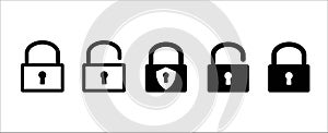 Lock icon set. Locked and unlocked vector icon set. Locked and unlocked padlock symbol of data device security. Privacy symbol