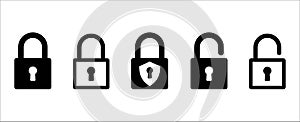 Lock icon set. Locked and unlocked vector icon set. Locked and unlocked padlock symbol of data device security. Privacy symbol