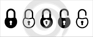 Lock icon set. Locked and unlocked vector icon set. Locked and unlocked padlock symbol of data device security. Privacy symbol