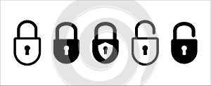 Lock icon set. Locked and unlocked vector icon set. Locked and unlocked padlock symbol of data device security. Privacy symbol