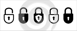 Lock icon set. Locked and unlocked vector icon set. Locked and unlocked padlock symbol of data device security. Privacy symbol