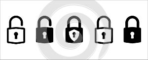 Lock icon set. Locked and unlocked vector icon set. Locked and unlocked padlock symbol of data device security. Privacy symbol