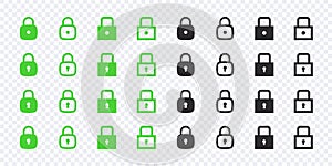 Lock icons set. Green and black lock icons. Vector scalable graphics