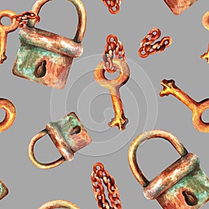 Lock with a key on a chain. Seamless pattern. Watercolor 2