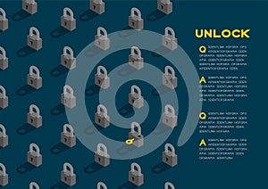 Lock and key 3D isometric pattern, Password unlock concept poster and banner horizontal design illustration isolated on blue