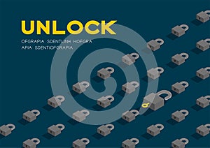 Lock and key 3D isometric pattern, Password unlock concept poster and banner horizontal design illustration isolated on blue