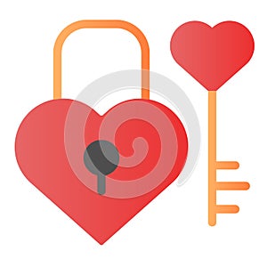 Lock and key in heart shape flat icon. Love padlock and key color icons in trendy flat style. Valentine lock gradient