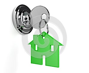 Lock and key with home shaped keyring home