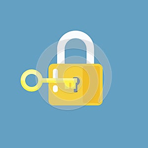 Padlock with key. Sign unlocking, access, password.