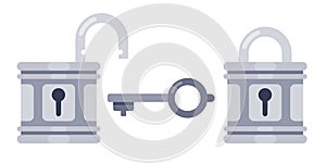 Lock and key. Open and locked locks, safety padlock keyhole flat vector illustration