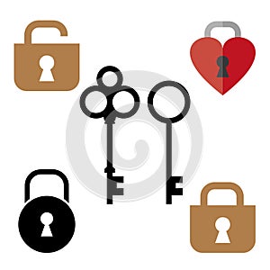Lock and key vector icon or sign set