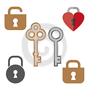 Lock and key vector icon or sign set