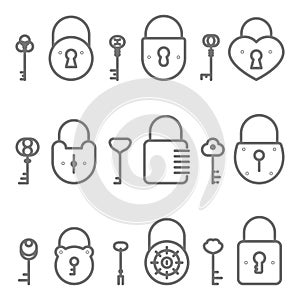 Lock keyhole and keys line art vector icons set