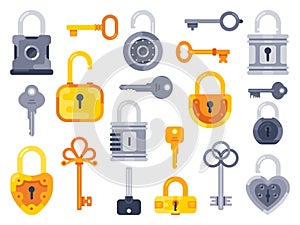 Lock with keys. Golden key, access padlock and closed safe padlocks isolated flat vector set