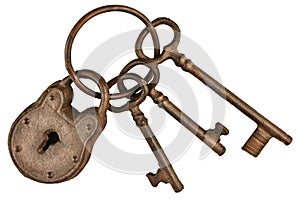 Lock and keys on a ring isolated on white