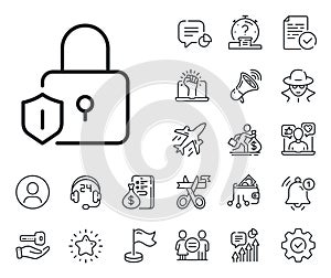 Lock line icon. Padlock protection sign. Salaryman, gender equality and alert bell. Vector