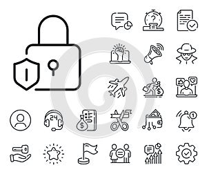 Lock line icon. Padlock protection sign. Salaryman, gender equality and alert bell. Vector photo
