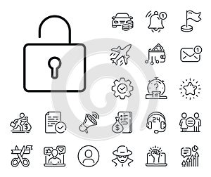 Lock line icon. Private locker sign. Salaryman, gender equality and alert bell. Vector photo