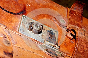 Lock on an old leather suitcase