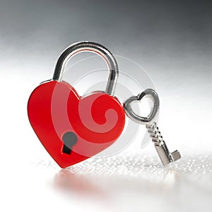 Lock in the shape of a red heart with small key. Love in wedlock, marriage, or Valentine`s Day concept